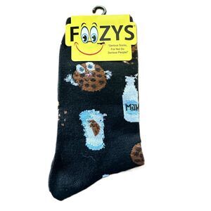 NWT Foozys Black Novelty Patterned Milk And Cookies Crew Socks Women One Size